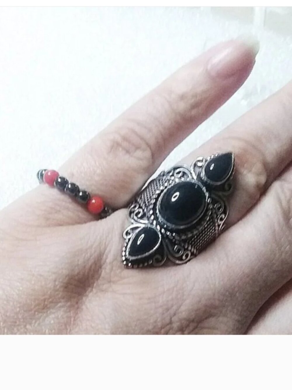 Dark Academia & Gothic Core: Handcrafted Red Coral & Metallic Hematite Midi Ring
